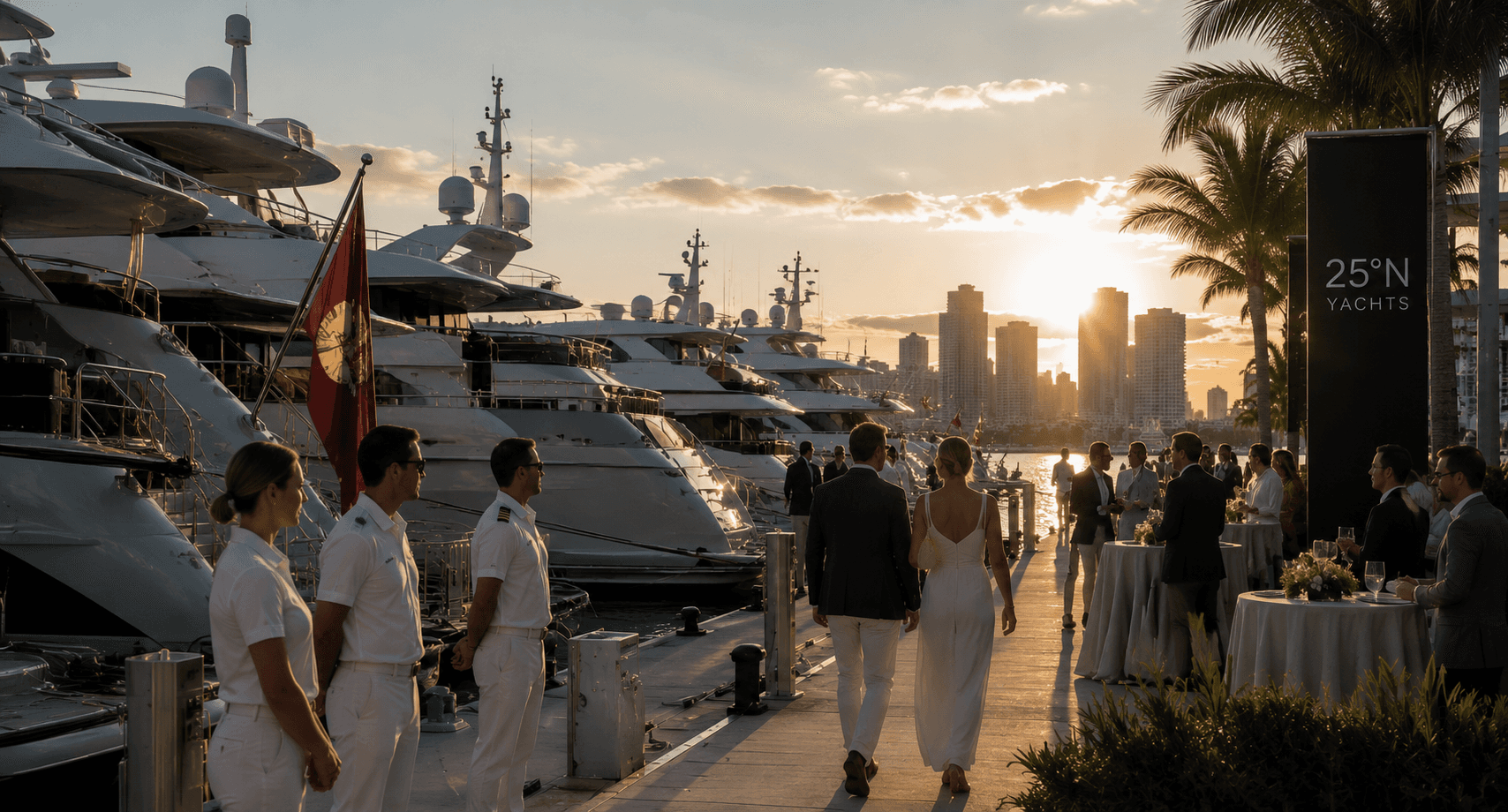 Crew, brand activation, and yachts at the marina at sunset
