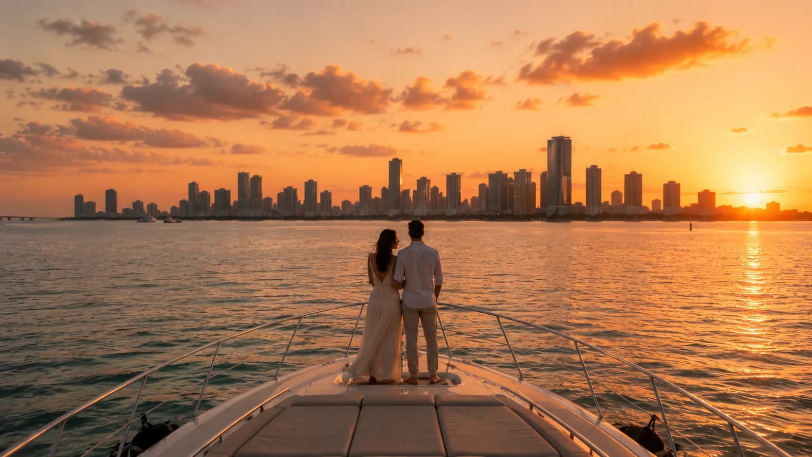 Miami skyline at golden hour from the water
